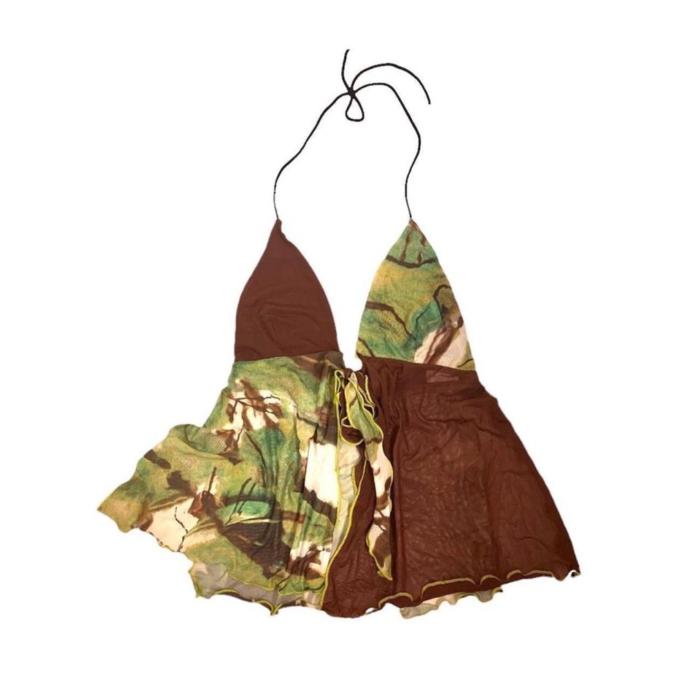 Brown & Green Halter Mini Dress with Abstract Print